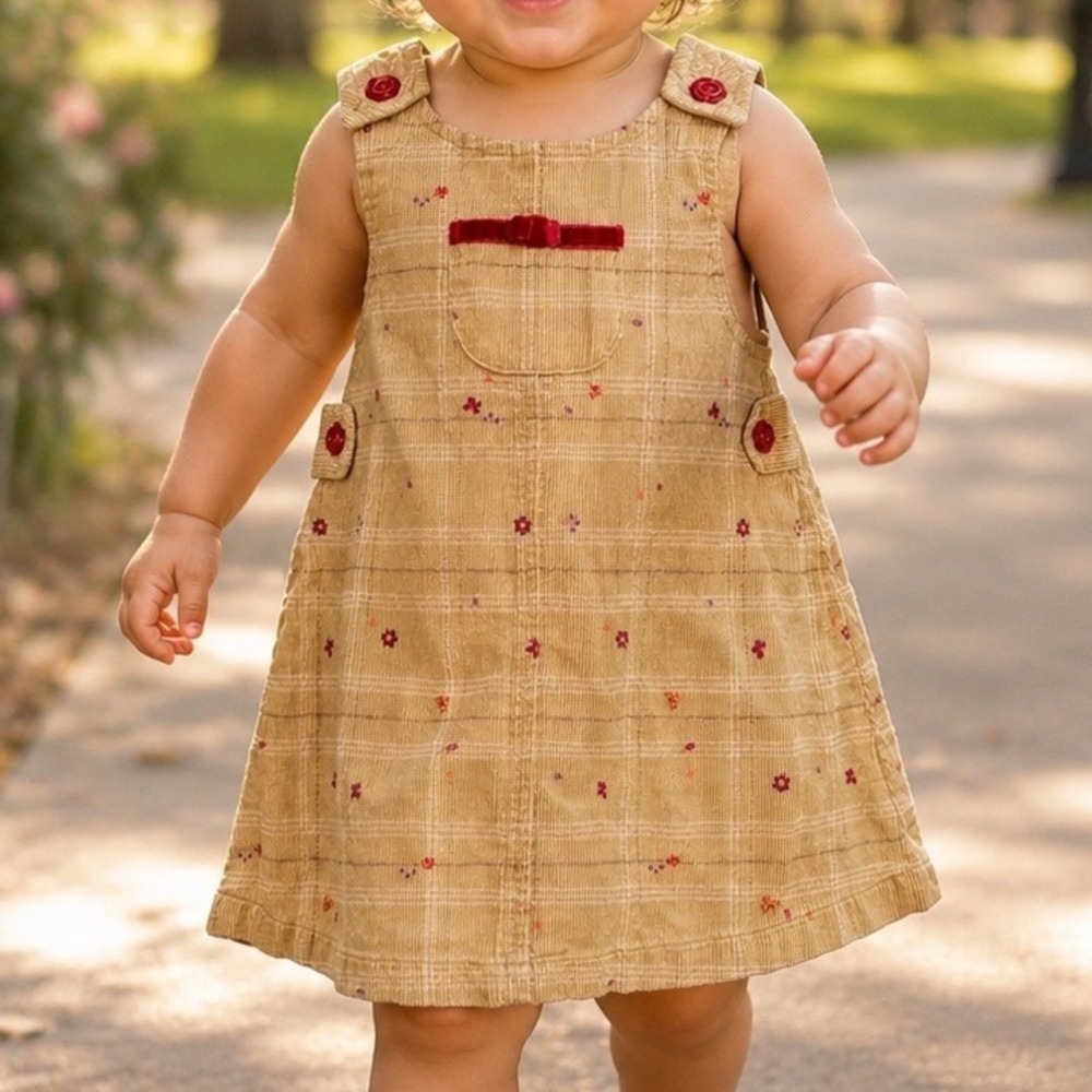 Vintage Gymboree 2001 Yellow Plaid Corduroy Floral Jumper Dress 12-18 Months AA2